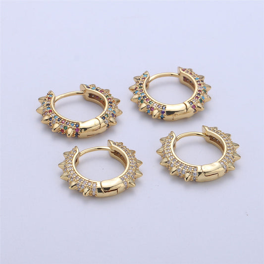 CZ Spike Hoop, Spike Huggie Earring, Mini Small Hoops, Small Huggie, Statement Hoop Earring Clear Rainbow Cz Stone