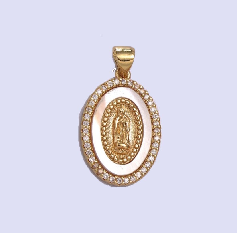 Oval CZ Pearl liner St.Mary Magdalene, St. Christopher, St. Benedict goldfilled Charm,Religious Jewelry Protection for Necklace RosaryN-1385