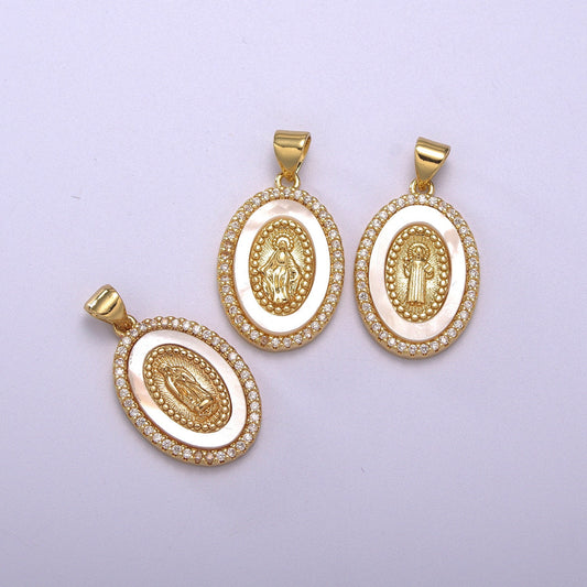 Oval CZ Pearl liner St.Mary Magdalene, St. Christopher, St. Benedict goldfilled Charm,Religious Jewelry Protection for Necklace RosaryN-1385