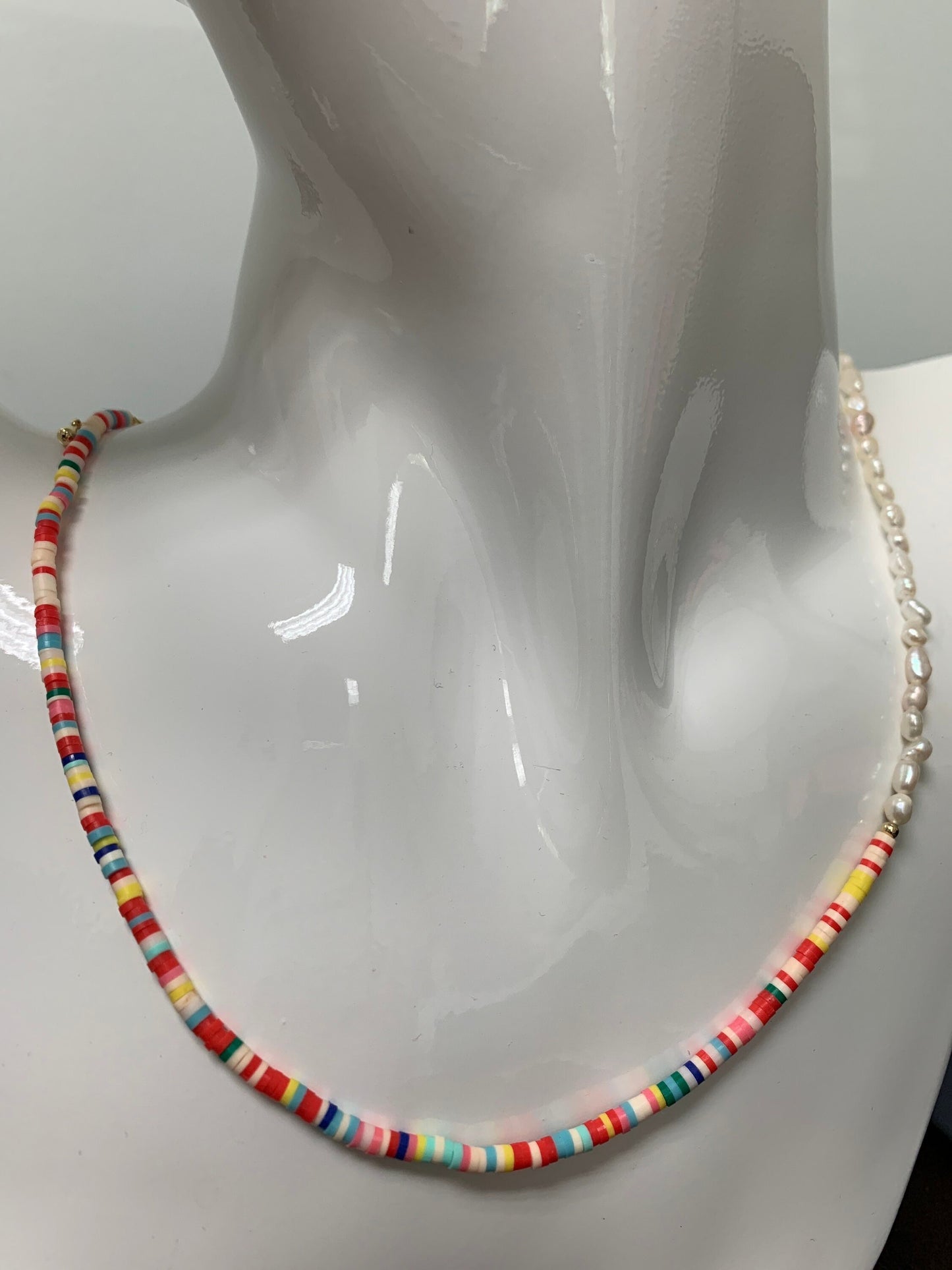 Pearl Necklace and Rainbow polymer Clay Beaded Necklace Y2K Jewelry 90s Trend Inspired 17 inch + 2 inch extender Handmade Necklace, WA-285