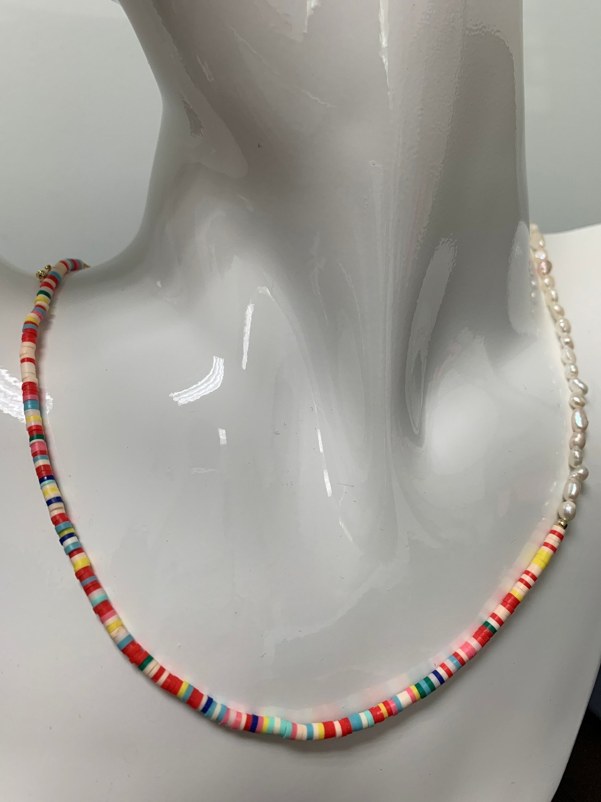 Pearl Necklace and Rainbow polymer Clay Beaded Necklace Y2K Jewelry 90s Trend Inspired 17 inch + 2 inch extender Handmade Necklace, WA-285