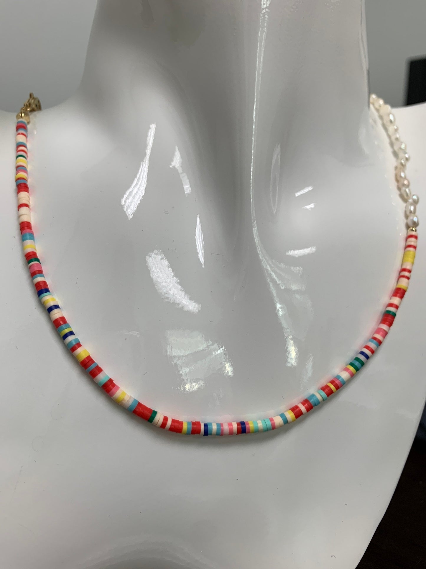 Pearl Necklace and Rainbow polymer Clay Beaded Necklace Y2K Jewelry 90s Trend Inspired 17 inch + 2 inch extender Handmade Necklace, WA-285