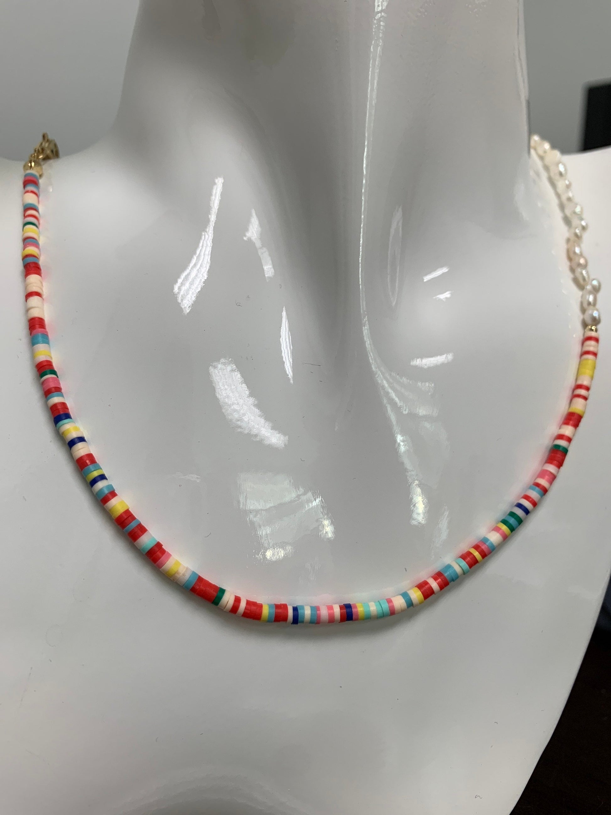 Pearl Necklace and Rainbow polymer Clay Beaded Necklace Y2K Jewelry 90s Trend Inspired 17 inch + 2 inch extender Handmade Necklace, WA-285