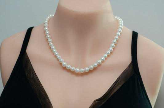 8mm White Round Pearl Choker Necklace, Fresh Water Mother of Pearl Circle Chain Necklace 17.5 inch Necklace Beaded Gold Clasp WA-325