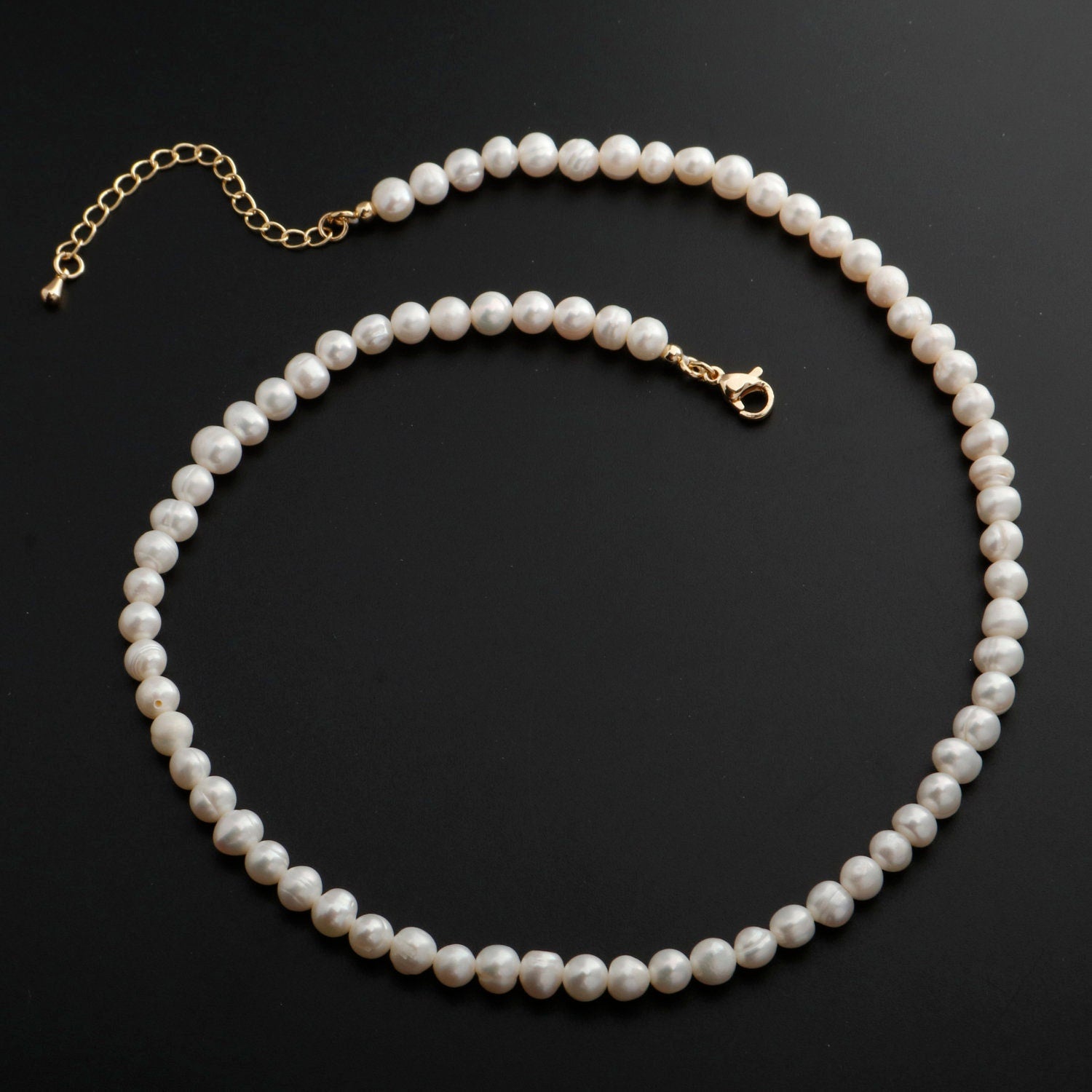 6 mm (w)15" (l)+2" extender White Baroque Pearl Choker Necklace,Fresh Water Mother of Pearl Chain Necklace Beaded Gold Clasp WA-333