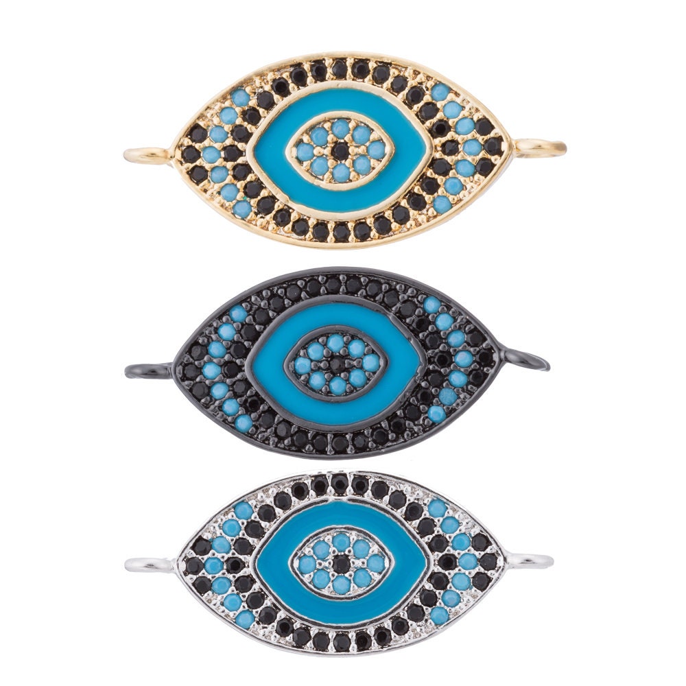 Evil Eye Enamel Gold, Black, Silver Connector Charm, Micro Pave Evil Eye Charm for Amulet Jewelry Making Supply Protection Jewelry, F-114