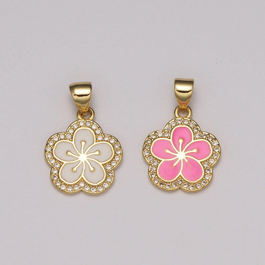 Dainty Micro Pave Hibiscus Charm Tropical Flower Gold Filled Enamel Hawaiian Inspired Jewelry Pendant for Necklace Bracelet Earring ,N-1416