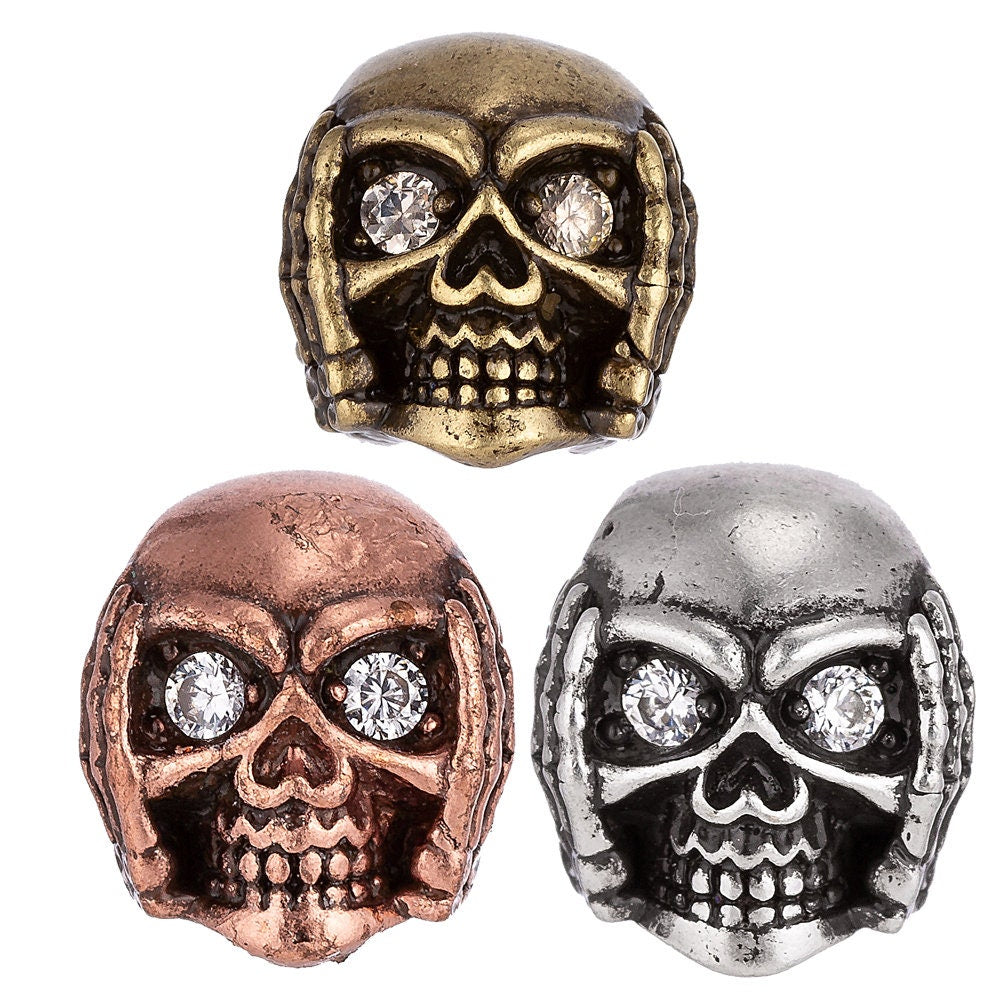 1 pc. Skull Head Gold, White Gold and Rose gold Spacer Bead Clear CZ Cranium Charm for Men Women Jewelry Making Supplies B-15