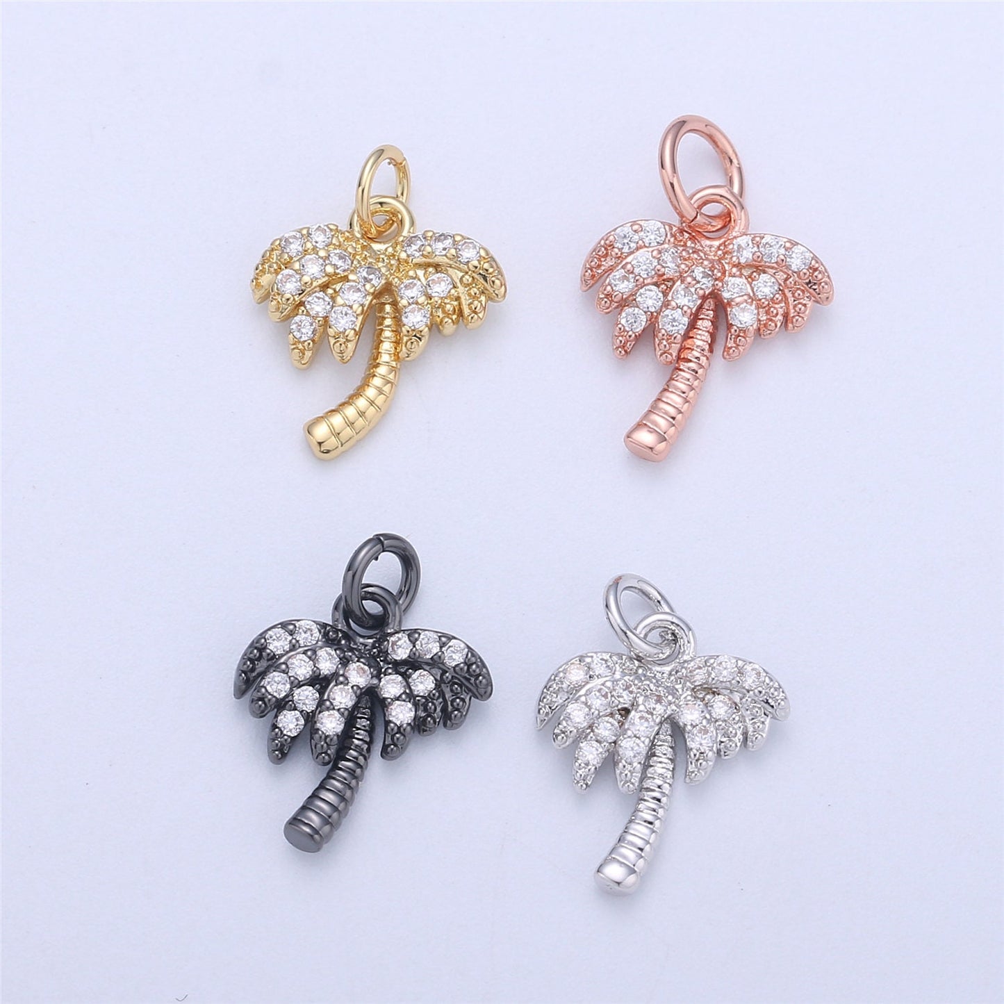 Dainty Gold, Rose Gold, Black, Silver Palm Tree Charm Mini Tropical Tree Pendant, Micro Pave Cubic CZ Crystal Pendant Gold filled