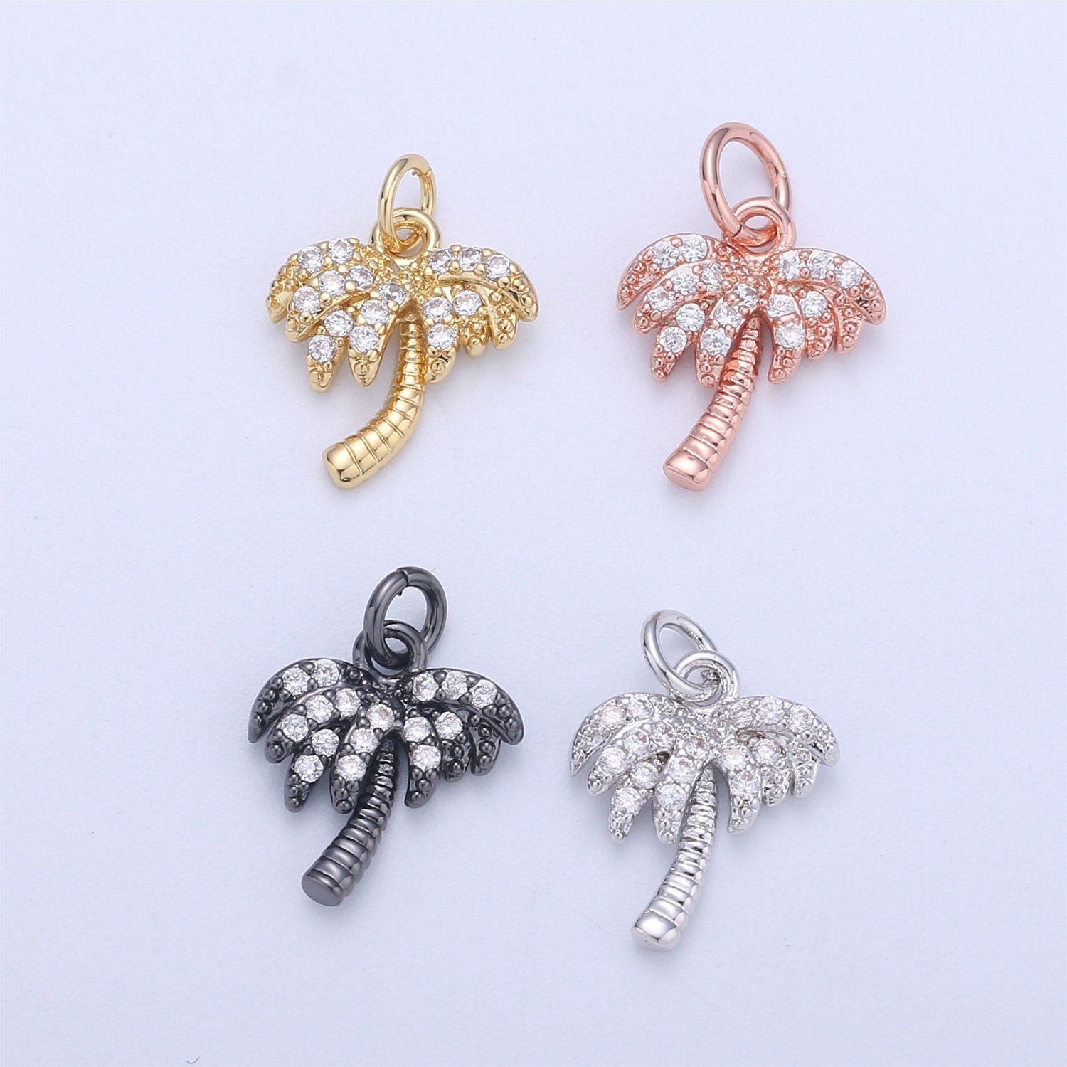 Dainty Gold, Rose Gold, Black, Silver Palm Tree Charm Mini Tropical Tree Pendant, Micro Pave Cubic CZ Crystal Pendant Gold filled