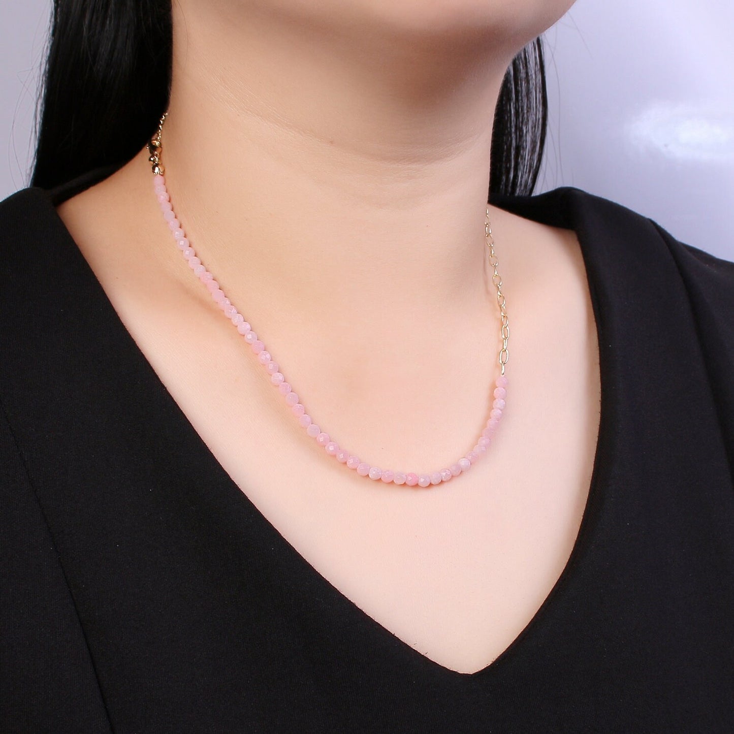 Half Pink Quartz half chain necklace, Minimalist Beaded Paperclip chain necklace Gold Filled Dainy Mix Chain Necklace