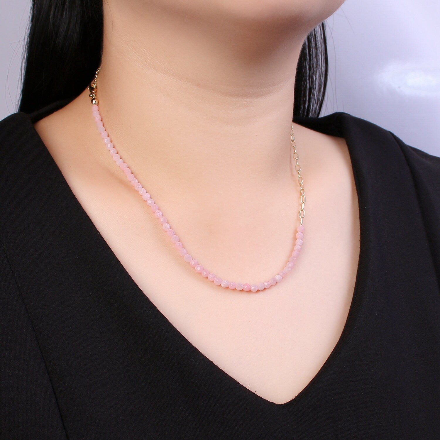 Half Pink Quartz half chain necklace, Minimalist Beaded Paperclip chain necklace Gold Filled Dainy Mix Chain Necklace