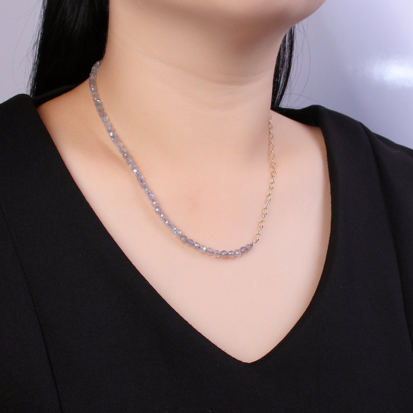Half MoonStone Chain Tiny Bead Necklace, Gold Necklace, Necklaces for Women, Precious Stone Bead Necklace. Beaded Necklace, Gemstone, WA030