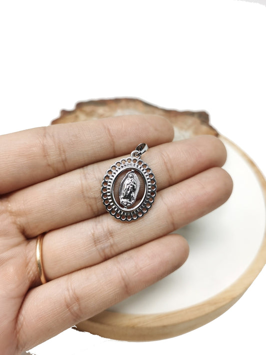 Lady of Guadalupe Pendant, silver Virgen de Guadalupe Cadena medalla, Virgin Mary Medallion Charm for Necklace Rosarry