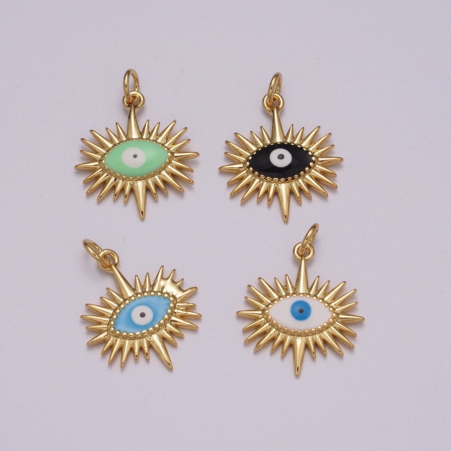 Gold Sun Charm, Gold Evil Eye Pendant, Sun Ray Charm, Sunburst Charm, Enamel Evil eye Sun Pendant, Sunshine Charm, Bohemian Jewelry M-915