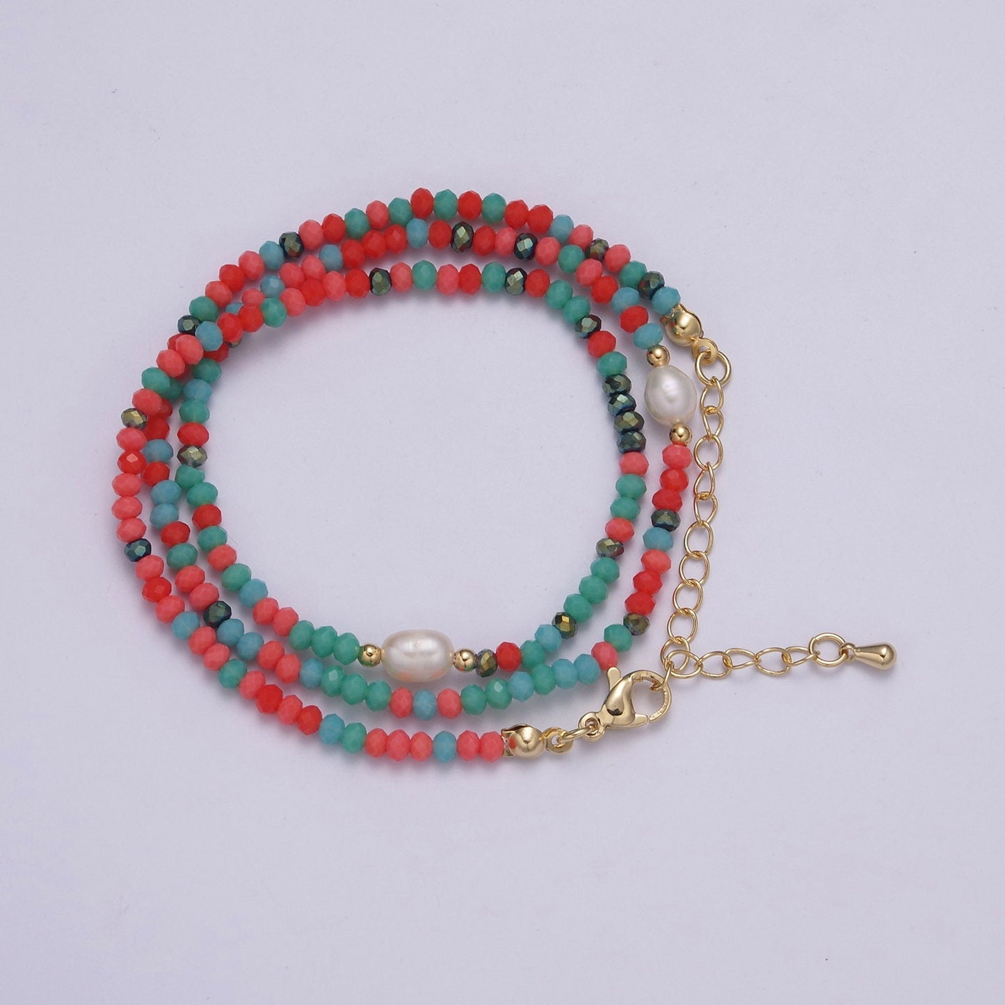 Orange Green Glass Beads Necklace, facetted glass beasds Chain Necklace, 17.5" + 2.0 inch Necklace Mixed Pearl Beaded Gold Clasp, WA-448