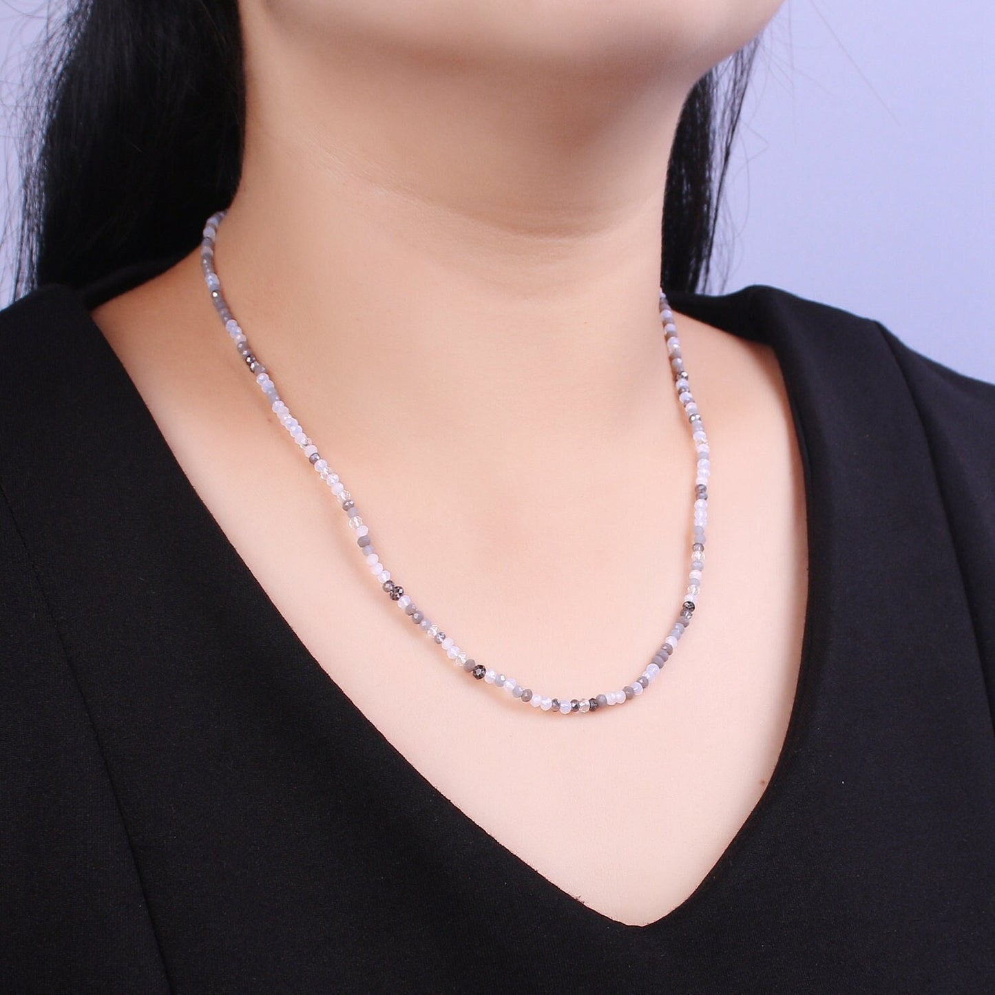 Gray and Clear Glass Beads Necklace, facetted glass beasds Chain Necklace, 17.7" + 2.2 inch Necklace Mix Beaded Gold Clasp, WA-447