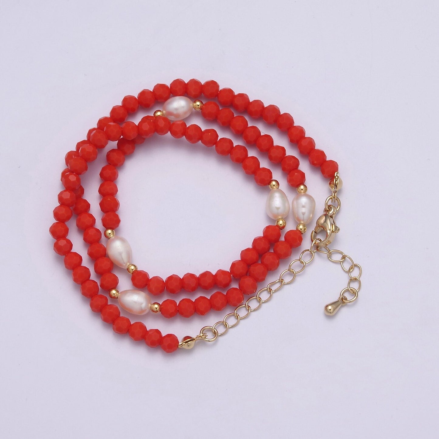 Red Glass Beads Necklace, facetted glass beasds Chain Chocker, 16.5" + 2.0 inch Necklace Mixed Pearl Beaded Gold Clasp, WA-450