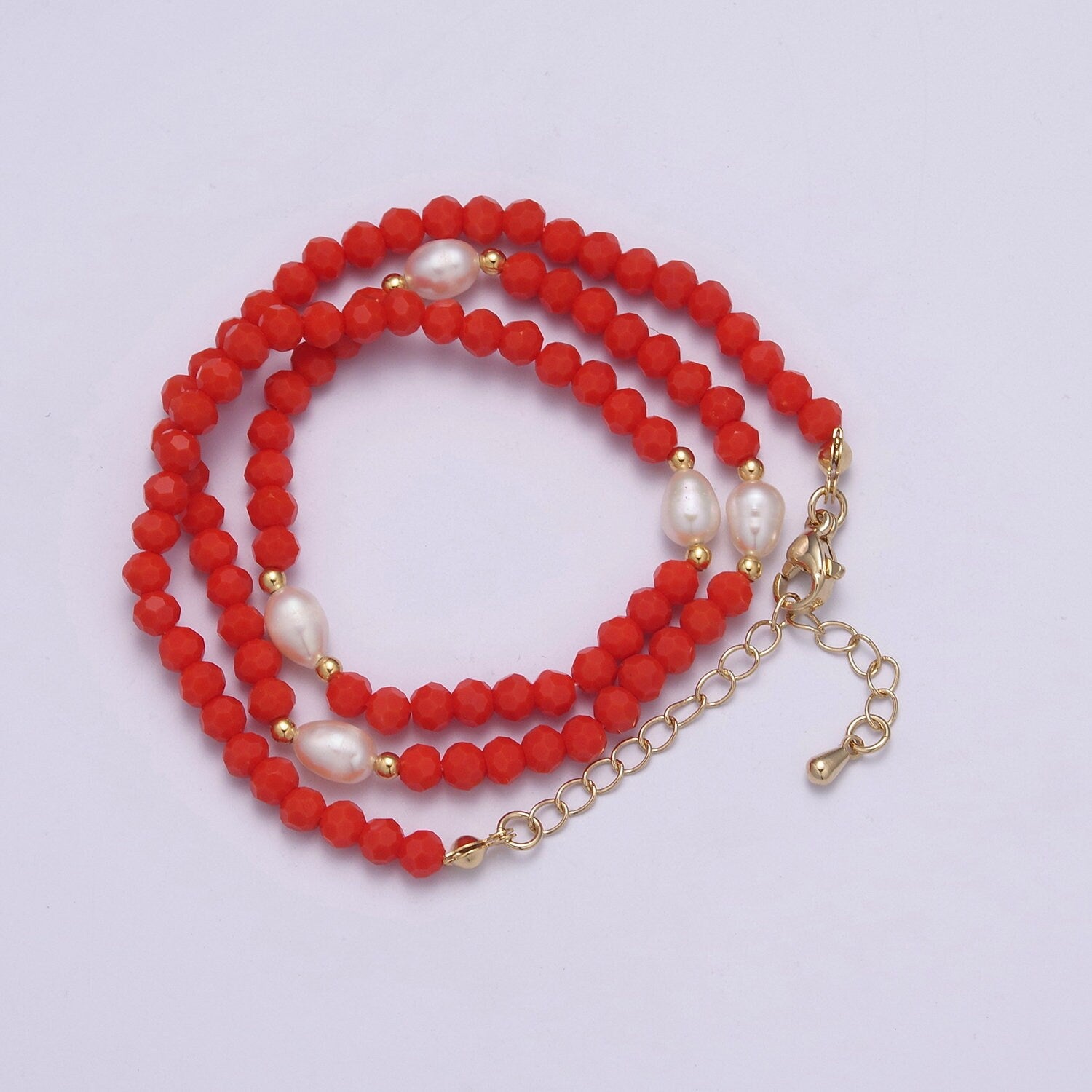 Red Glass Beads Necklace, facetted glass beasds Chain Chocker, 16.5" + 2.0 inch Necklace Mixed Pearl Beaded Gold Clasp, WA-450