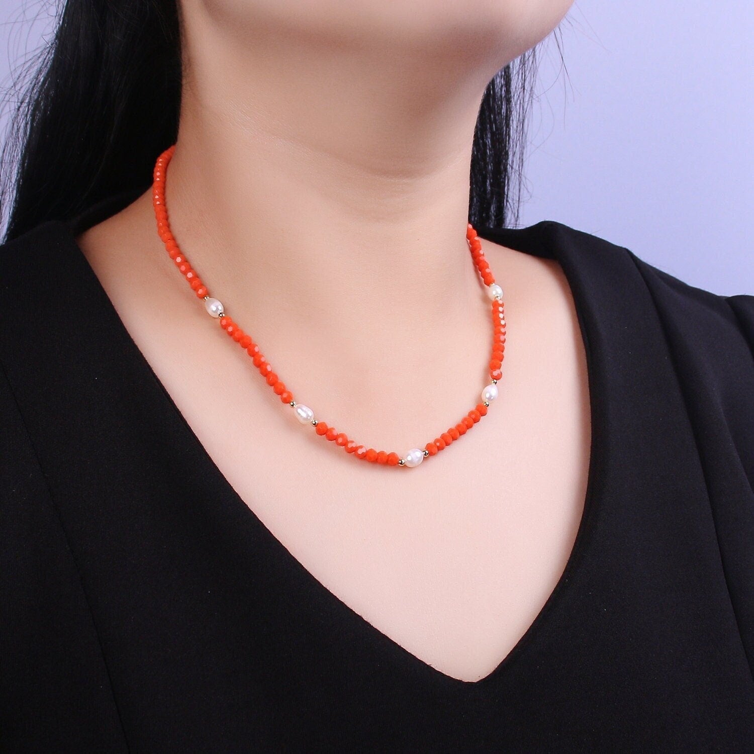 Red Glass Beads Necklace, facetted glass beasds Chain Chocker, 16.5" + 2.0 inch Necklace Mixed Pearl Beaded Gold Clasp, WA-450