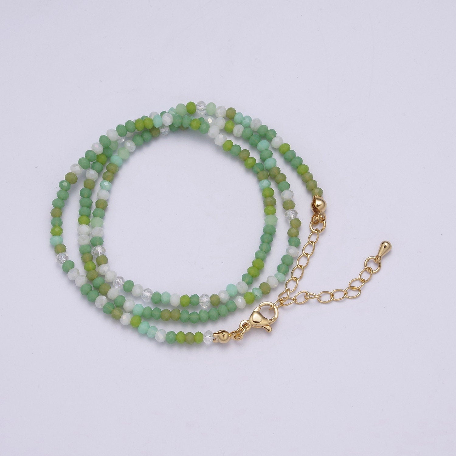 Green Glass Beads Necklace, facetted glass beads Chain Necklace, 17.7" + 2.0 inch Necklace Mixed Color Beaded Gold Clasp, WA-451