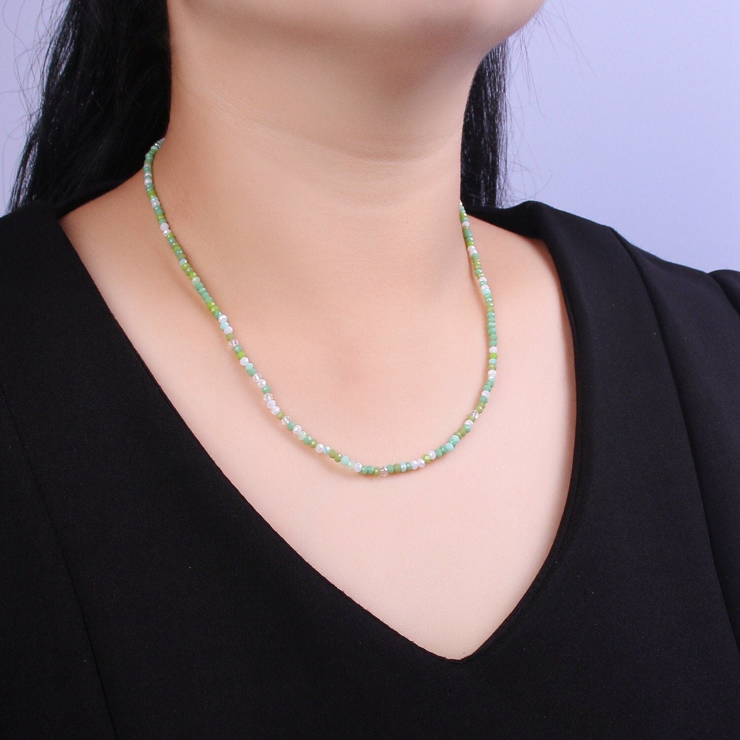 Green Glass Beads Necklace, facetted glass beads Chain Necklace, 17.7" + 2.0 inch Necklace Mixed Color Beaded Gold Clasp, WA-451