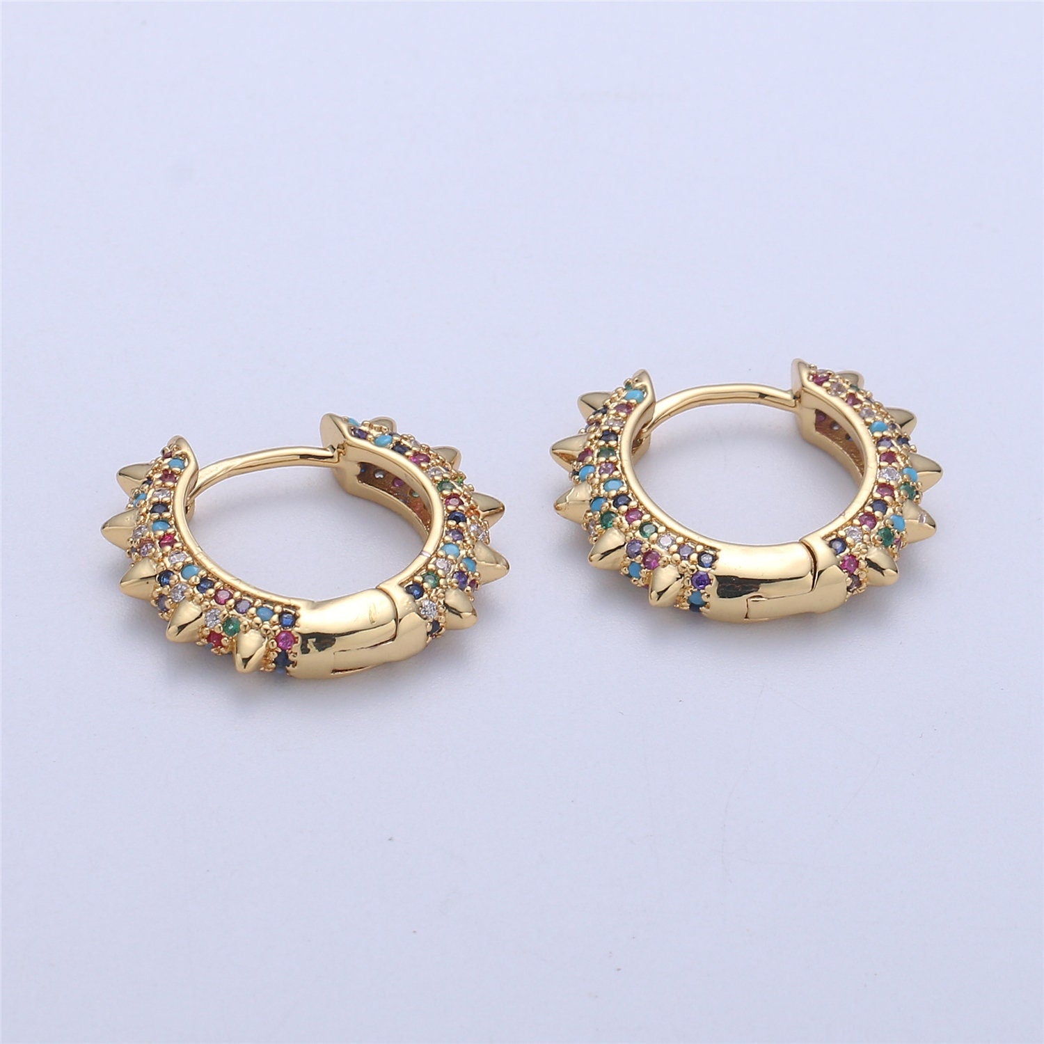 CZ Spike Hoop, Spike Huggie Earring, Mini Small Hoops, Small Huggie, Statement Hoop Earring Clear Rainbow Cz Stone