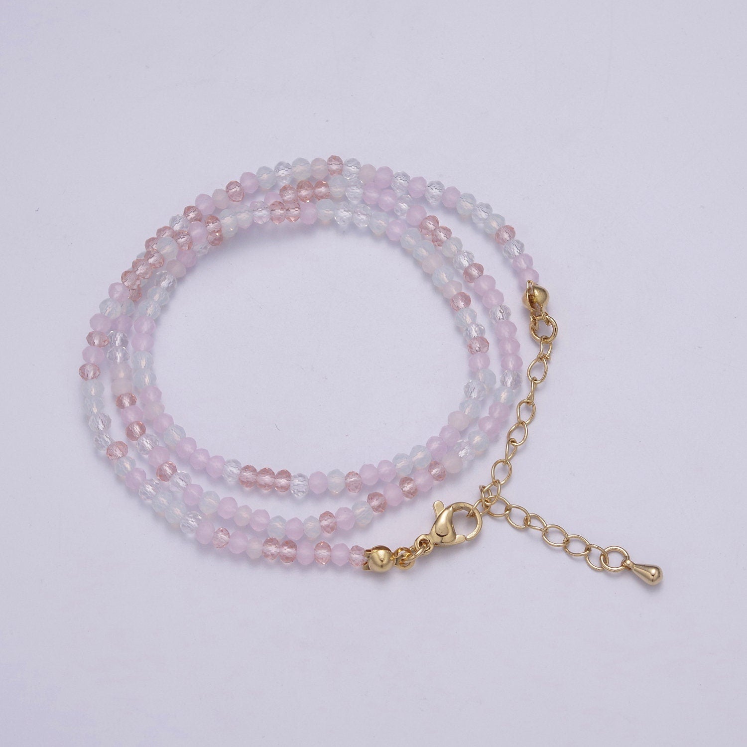 BabyPink & Clear Glass Beads Necklace, facetted glass beads Chain Necklace, 17.7" + 2.0 inch Necklace Mixed Color Beaded Gold Clasp, WA-452