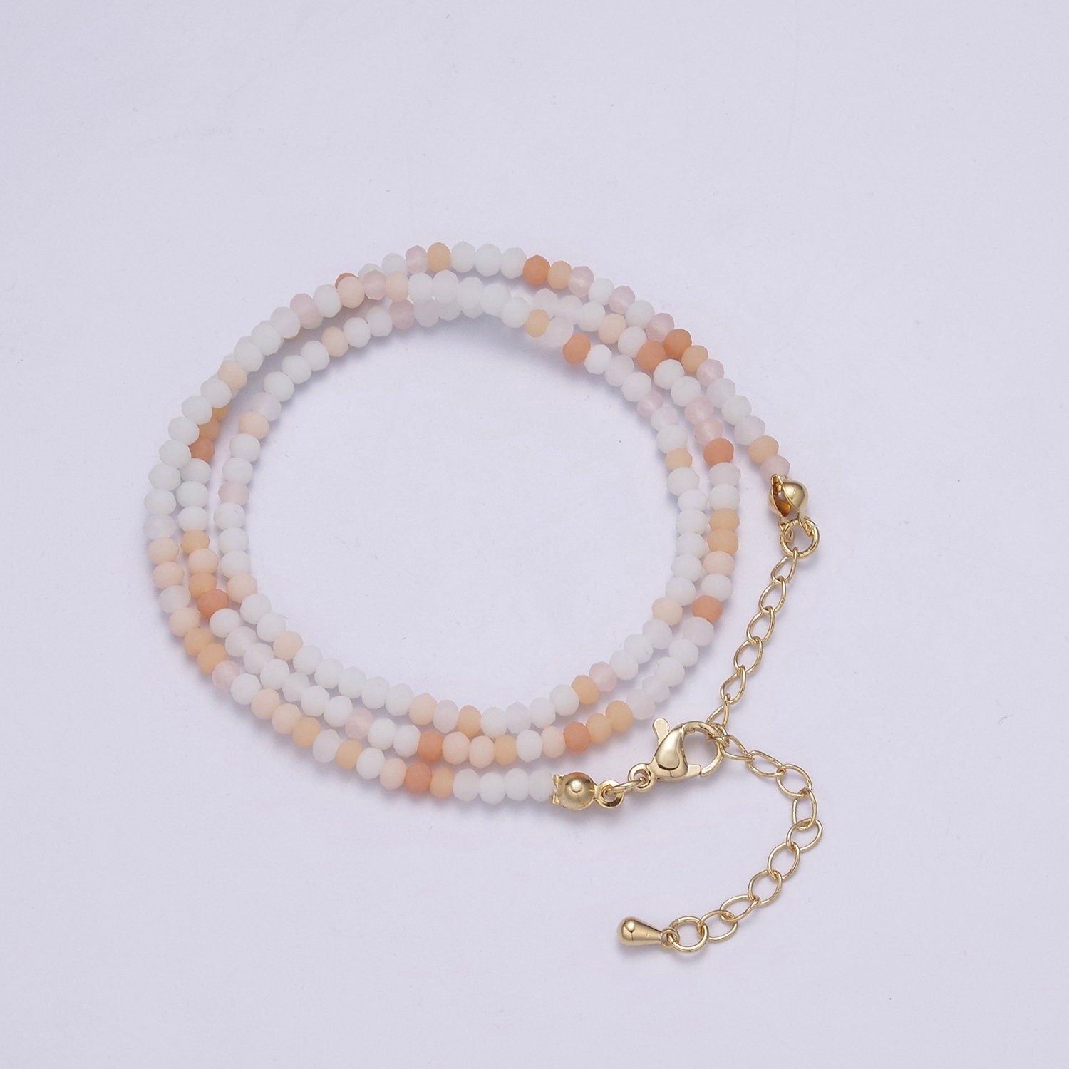 Peach Frost-White Glass Beads Necklace,facetted glass beads Chain Necklace, 17.7" + 2.0 inch Necklace Mixed Color Beaded Gold Clasp, WA-453