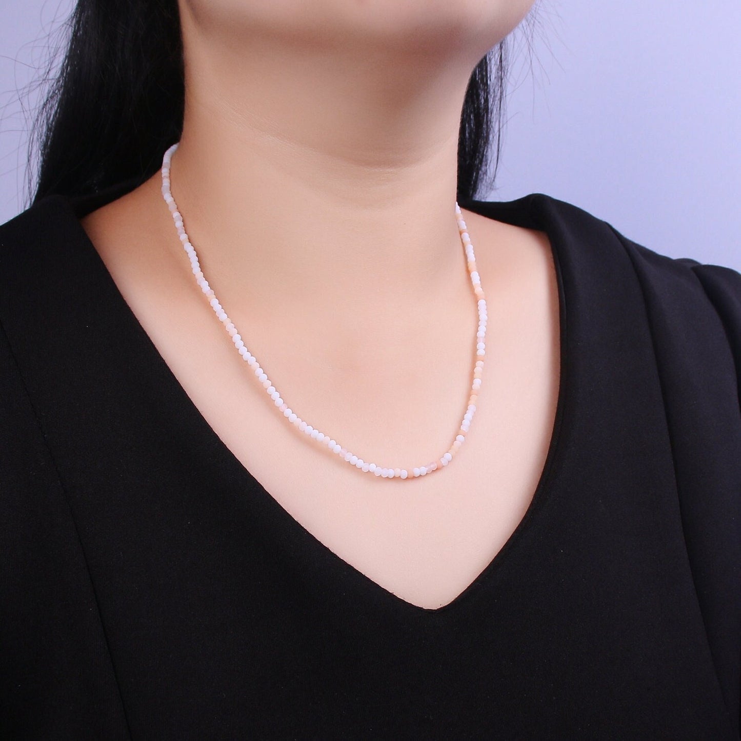 Peach Frost-White Glass Beads Necklace,facetted glass beads Chain Necklace, 17.7" + 2.0 inch Necklace Mixed Color Beaded Gold Clasp, WA-453
