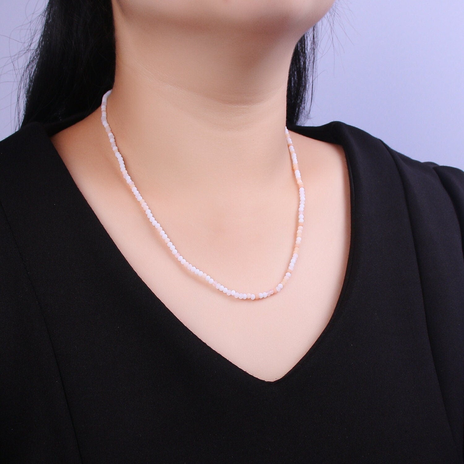 Peach Frost-White Glass Beads Necklace,facetted glass beads Chain Necklace, 17.7" + 2.0 inch Necklace Mixed Color Beaded Gold Clasp, WA-453