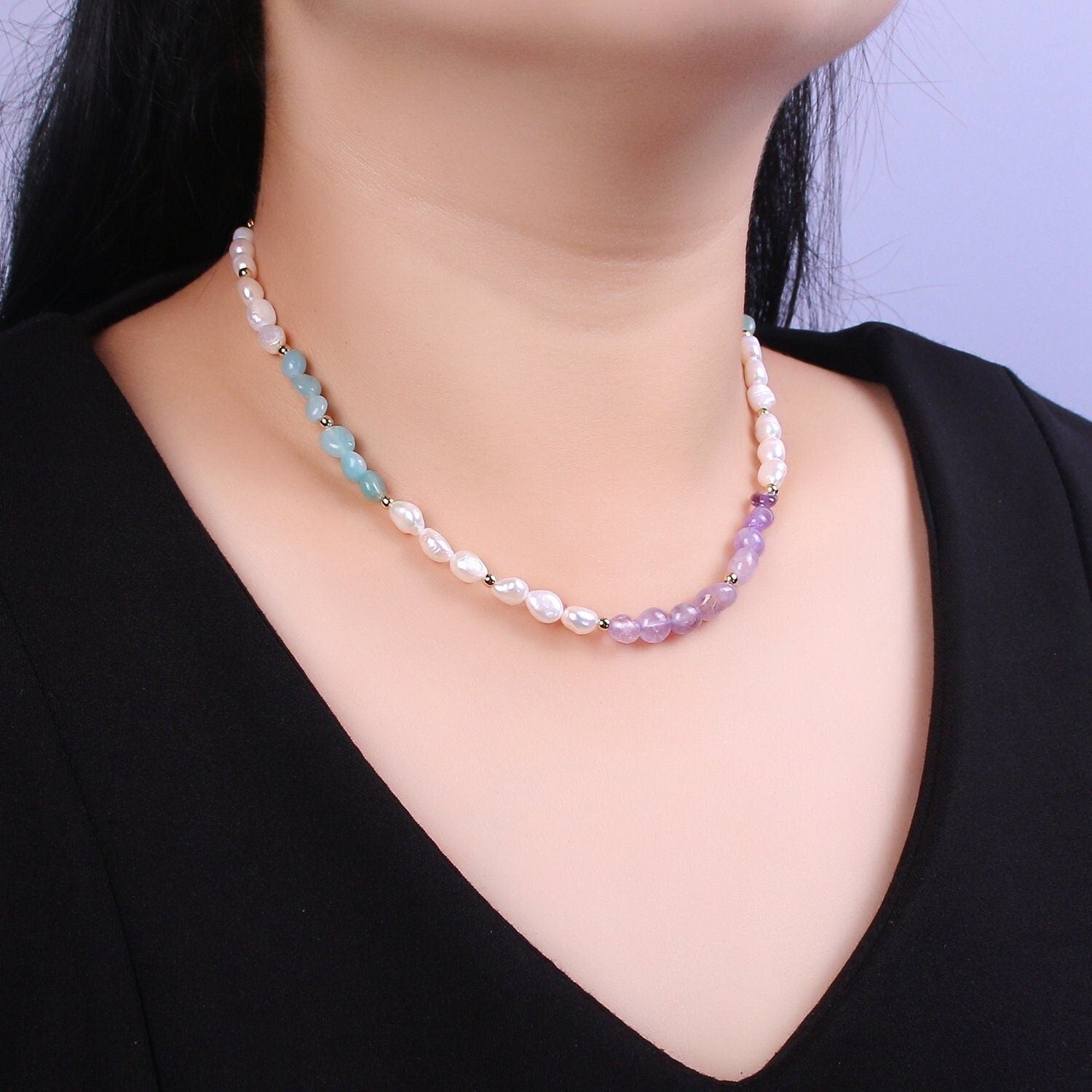 Aventurine Beads Necklace,Falourite Natural Stone beads Chain Necklace, 16.0" + 2.0 inch Necklace Pearl Beaded Gold Clasp, WA-457