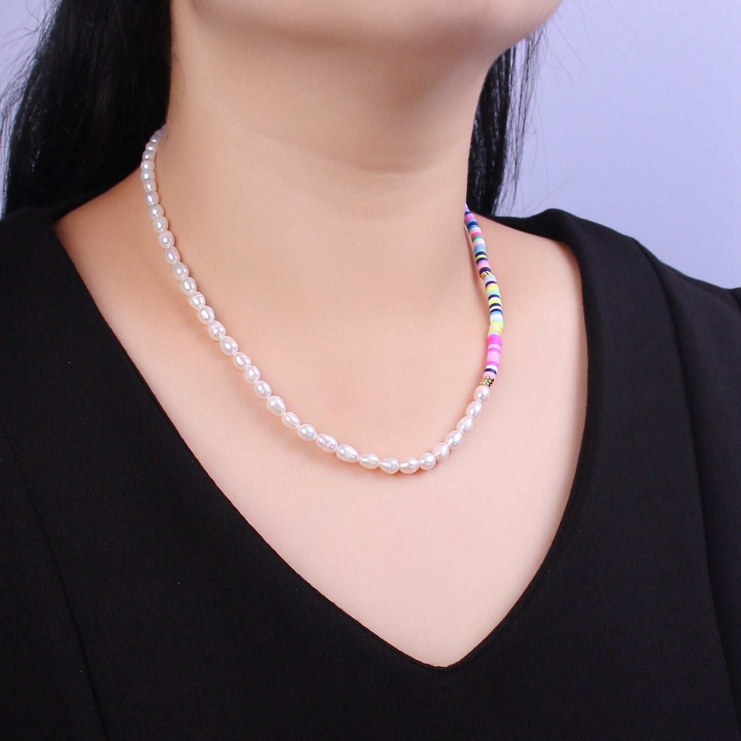 Multi Color Resin Beads Necklace,Polymer Clay beads Chain Necklace, 16.5" + 2.0 inch Necklace Pearl Beaded Gold Clasp, WA-461