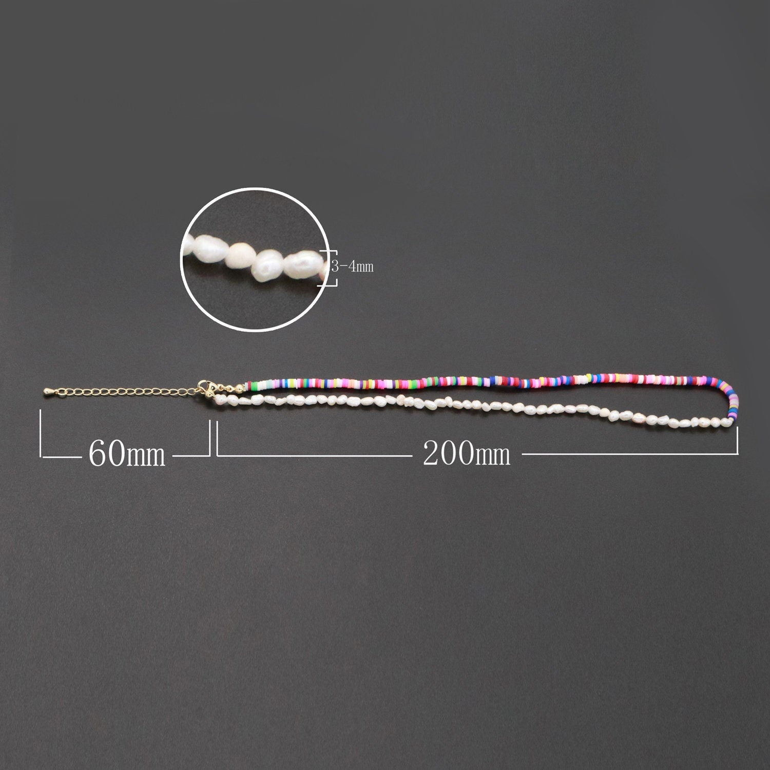 Pearl Necklace and Rainbow polymer Clay Beaded Necklace Y2K Jewelry 90s Trend Inspired 17 inch + 2 inch extender Handmade Necklace, WA-285