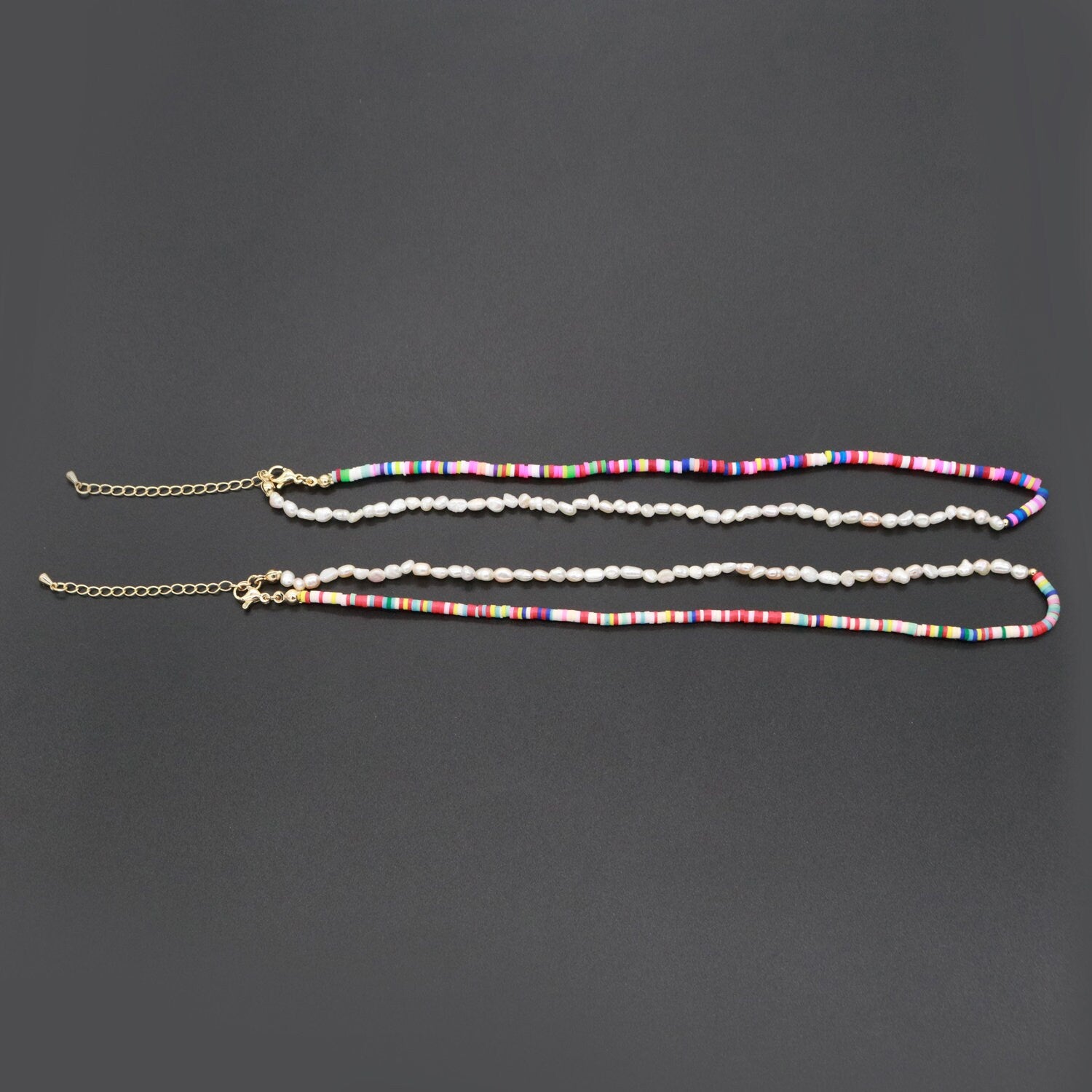 Pearl Necklace and Rainbow polymer Clay Beaded Necklace Y2K Jewelry 90s Trend Inspired 17 inch + 2 inch extender Handmade Necklace, WA-285