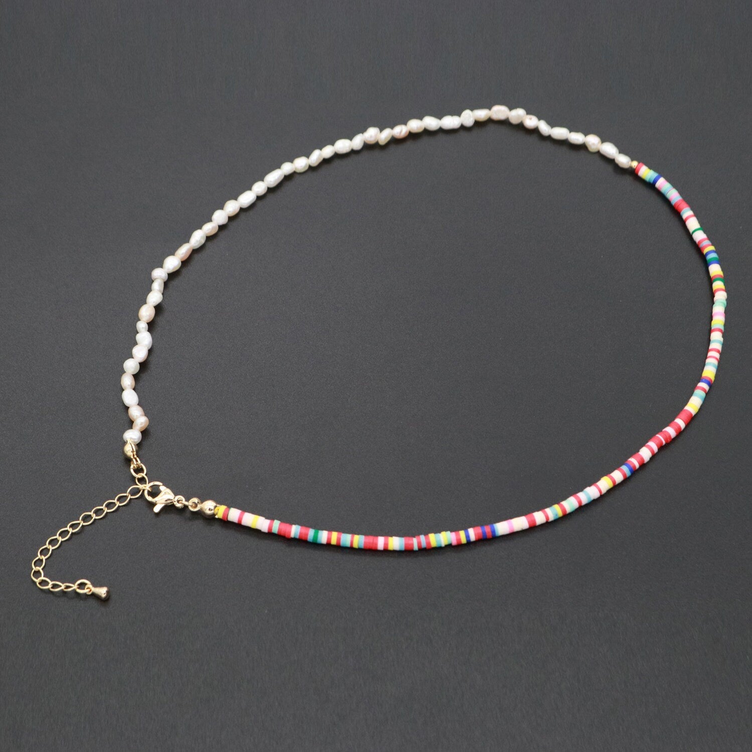 Pearl Necklace and Rainbow polymer Clay Beaded Necklace Y2K Jewelry 90s Trend Inspired 17 inch + 2 inch extender Handmade Necklace, WA-285