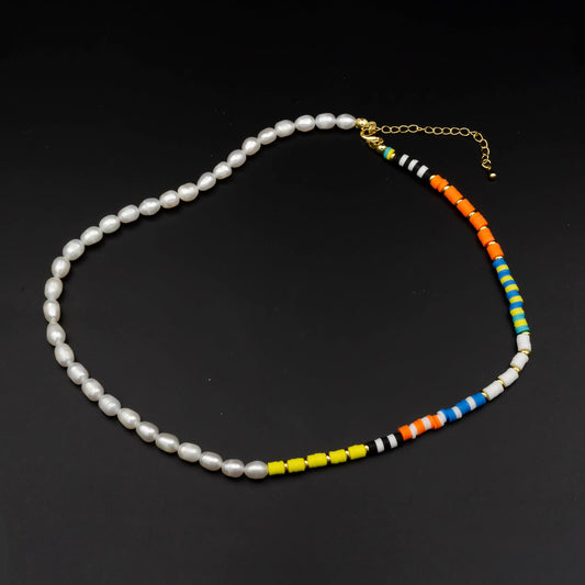 Pearl Necklace & Multicolor polymer Clay Beaded Necklace Y2K Jewelry 90s Trend Inspired 17.5 inch+2 inch extender Handmade Necklace, WA-308