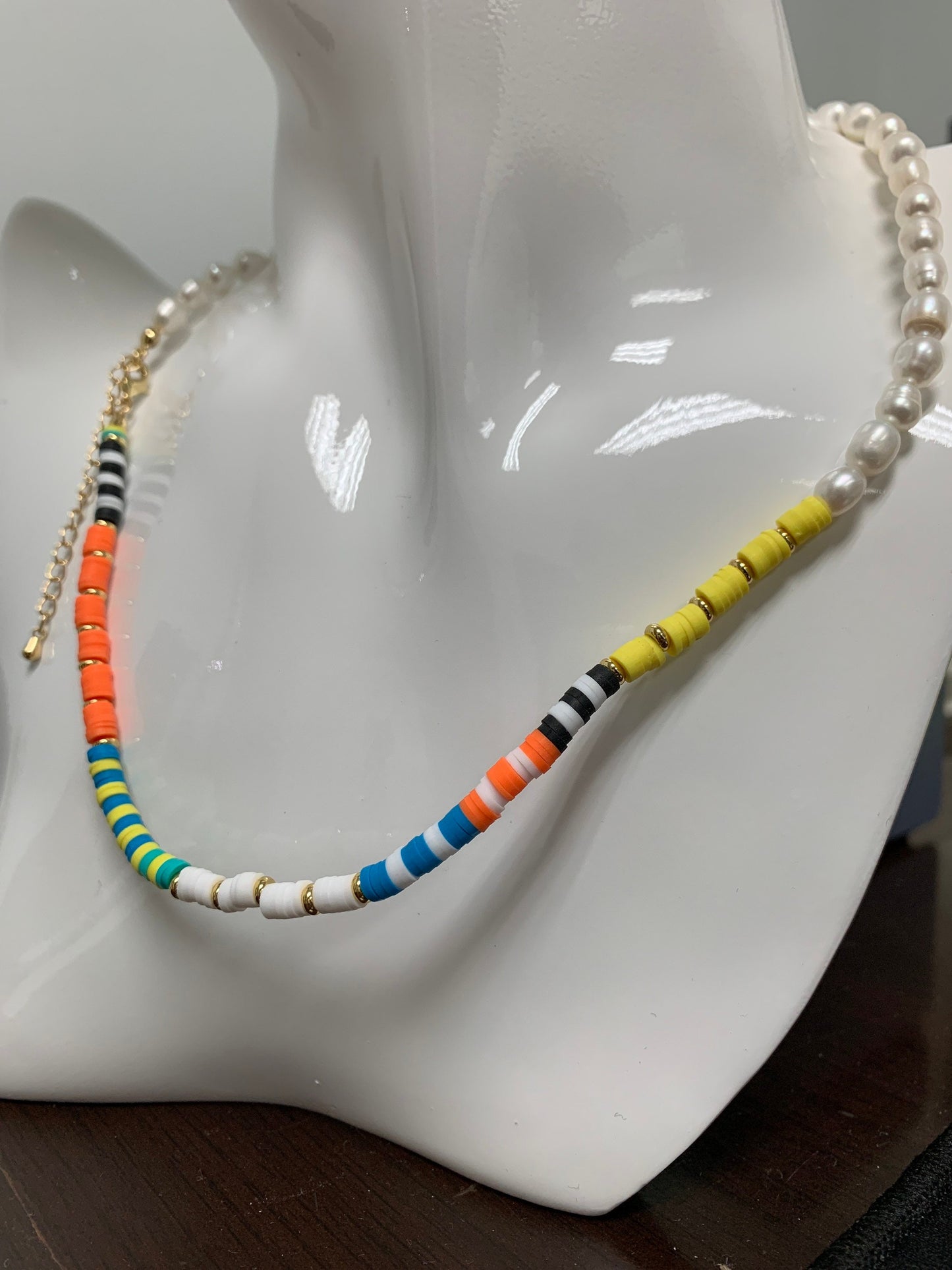 Pearl Necklace & Multicolor polymer Clay Beaded Necklace Y2K Jewelry 90s Trend Inspired 17.5 inch+2 inch extender Handmade Necklace, WA-308