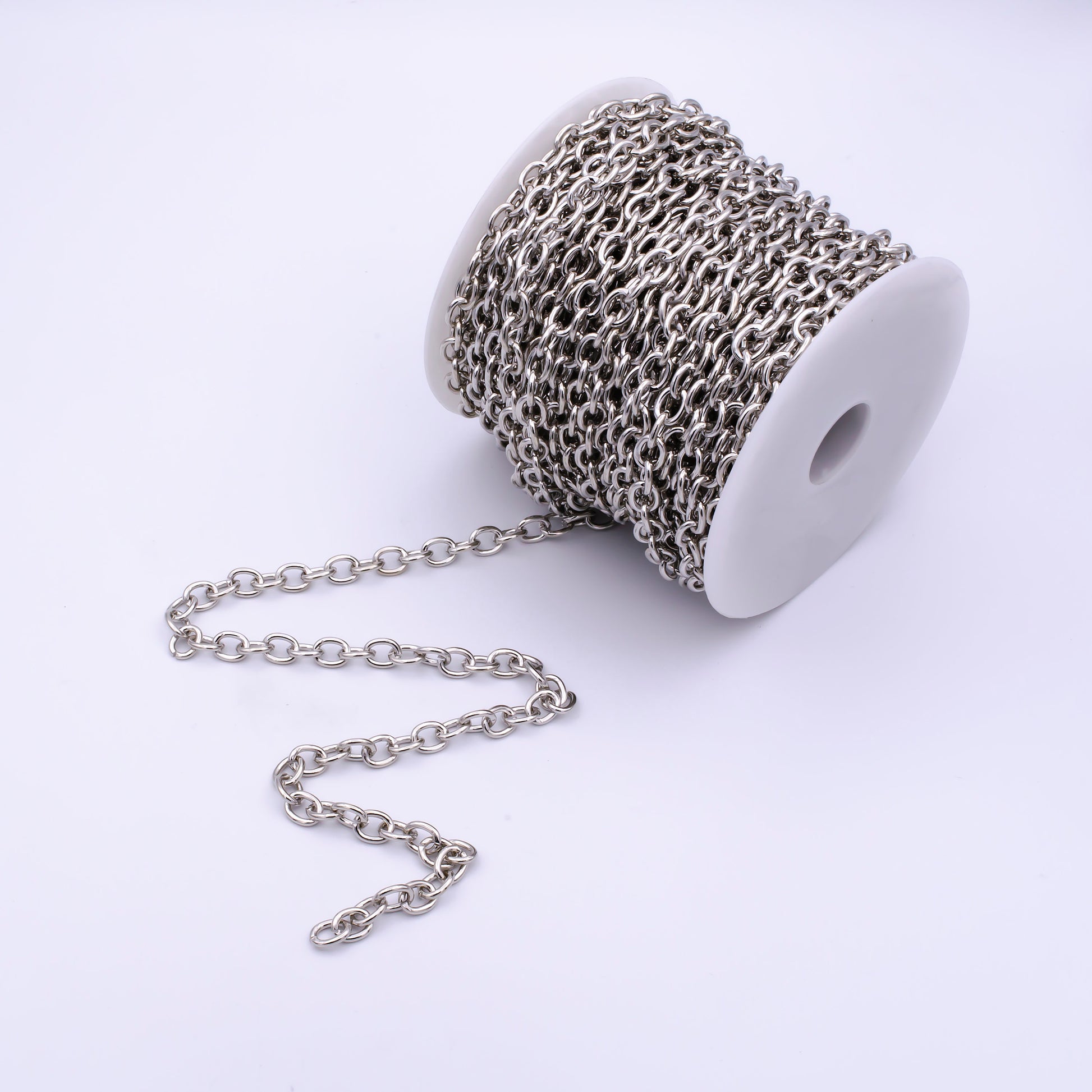 White Gold Rolo Chain by Yard, Oval Link Chain , Wholesale bulk Roll Chain for Jewelry Making, Size 9 x7.1mm, 565