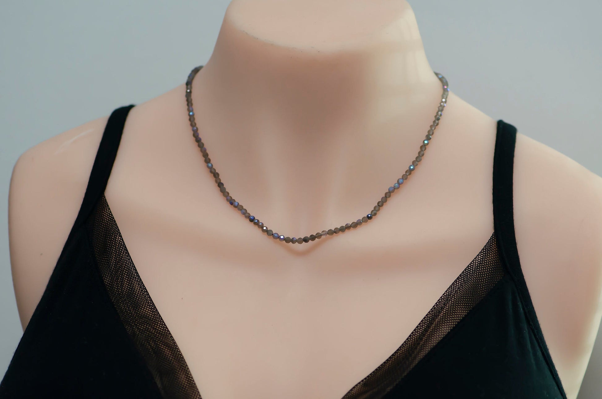 Gorgeous 16"+1" ext. Smoky Grey MoonStone Tiny Bead Necklace, Gold Necklace for Women semi Precious Stone Beaded Necklace, Gemstone, WA-309