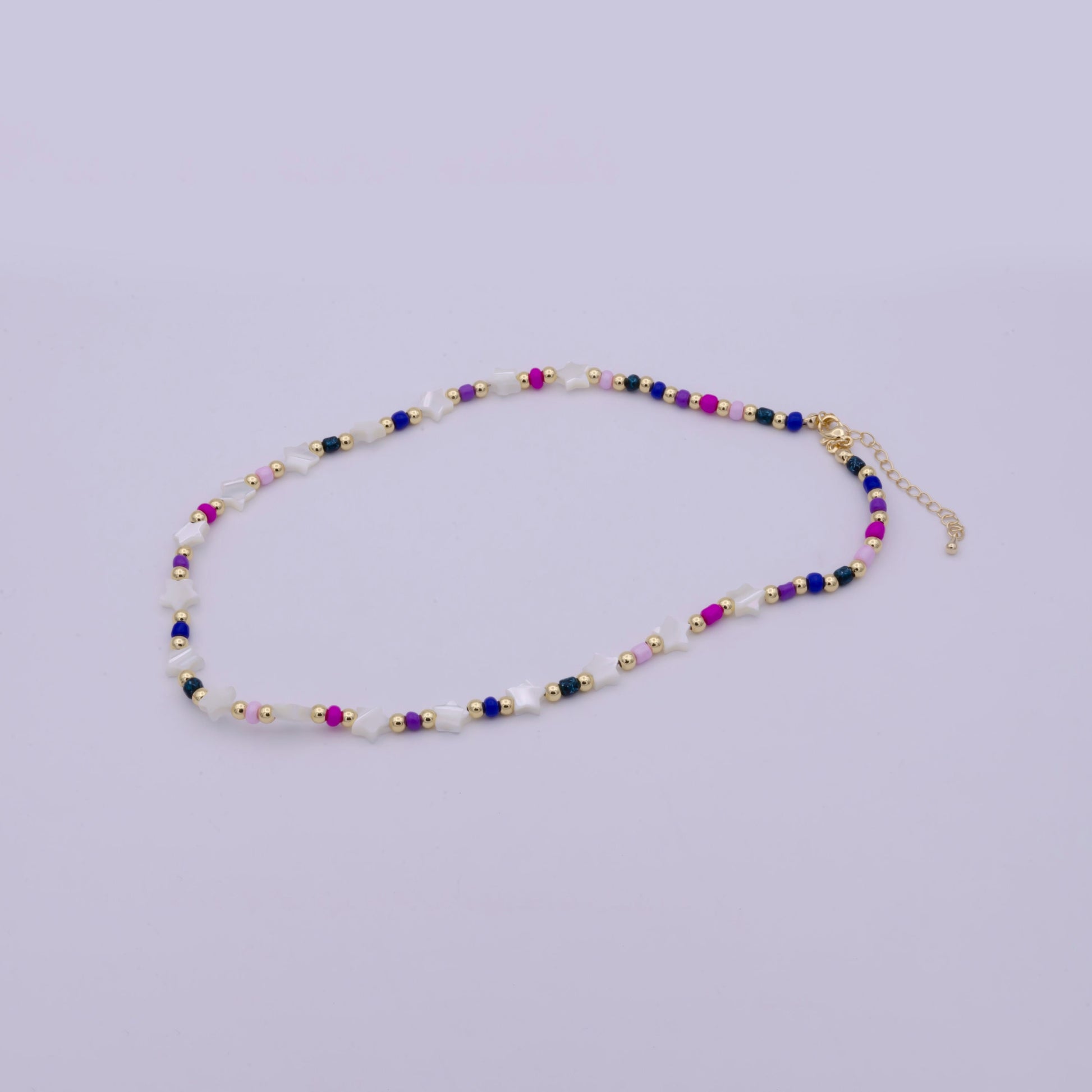 Multi color Glass Beads Necklace,Star Pearl gold beads Chain Necklace, 16.2" + 2.0 inch Necklace Mixed Color Beaded Gold Clasp, WA-506