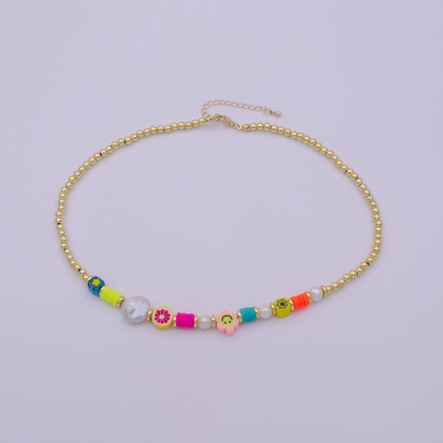 Multi color Glass Beads Necklace,Pearl gold beads Chain Necklace, 16.5" + 2.0 inch Necklace Polymer Clay Beaded Gold Clasp, WA-508