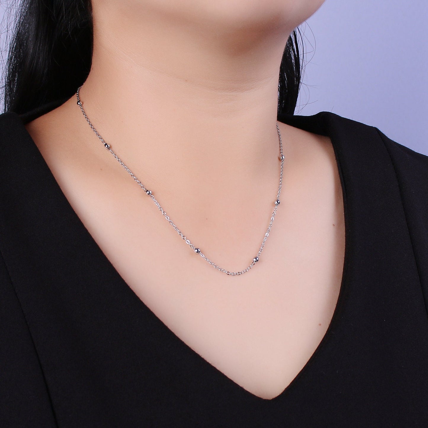 17.7" +2" ext. Ready to wear Gold Satellite Chain Necklace, White gold Beaded Chain, WA- 432, WA-433