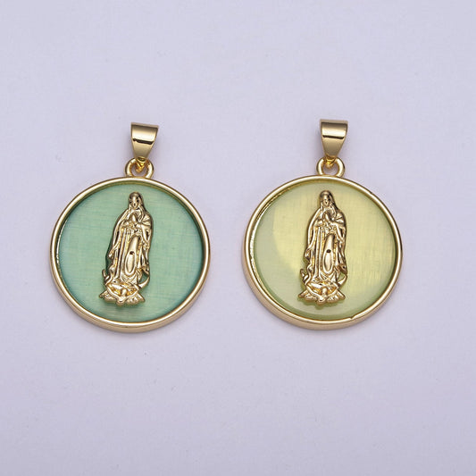 Gold Virgin Mary, Green or Yellow Glass background Lady of Guadalupe Medallion Charm Pendant, Virgin Mary Charm N-510~N-511