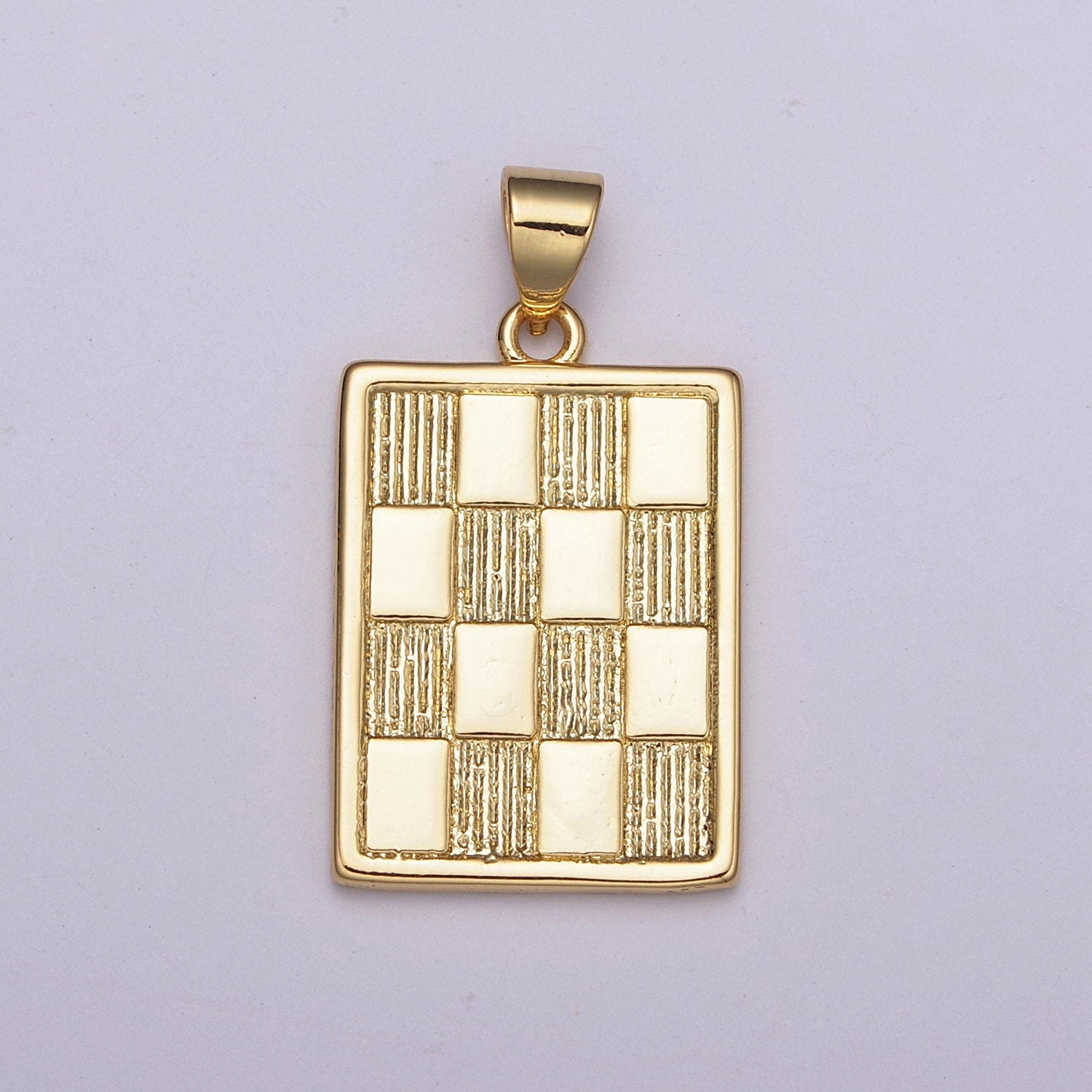 Gold Checkers Pendant Gold Draughts Rectangle Bar Pendant Tag Gold Charm Gold Square Medallion, N-518