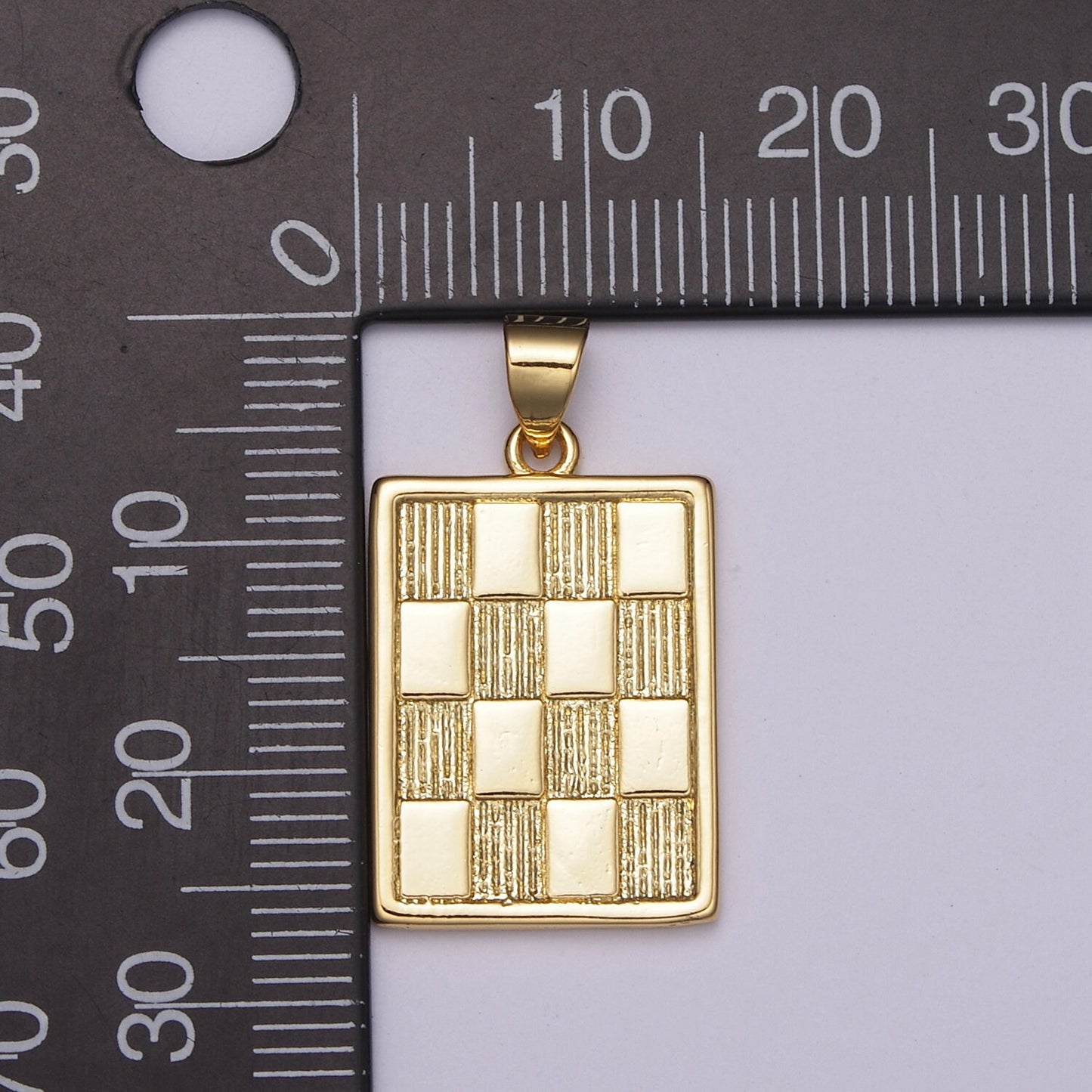 Gold Checkers Pendant Gold Draughts Rectangle Bar Pendant Tag Gold Charm Gold Square Medallion, N-518