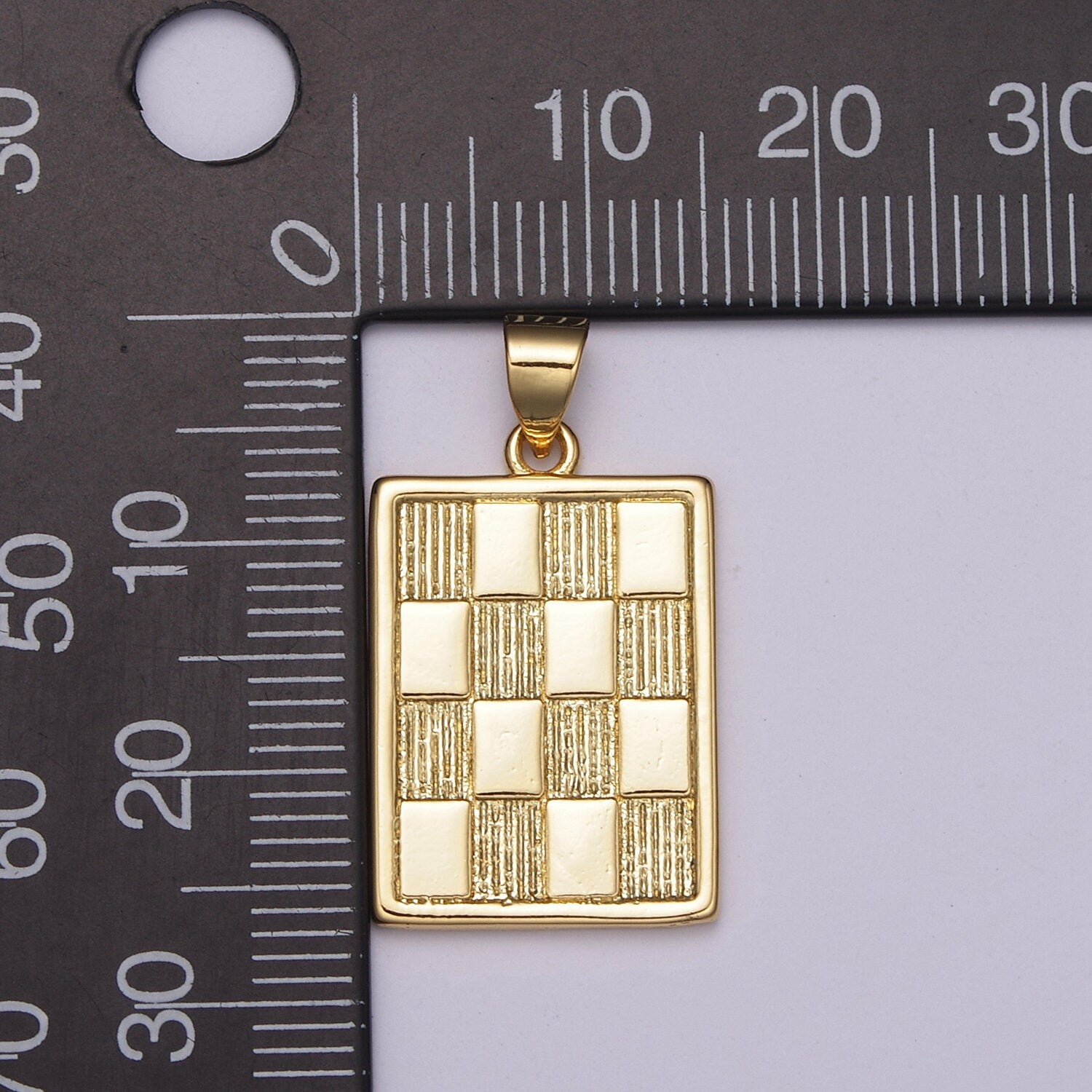 Gold Checkers Pendant Gold Draughts Rectangle Bar Pendant Tag Gold Charm Gold Square Medallion, N-518