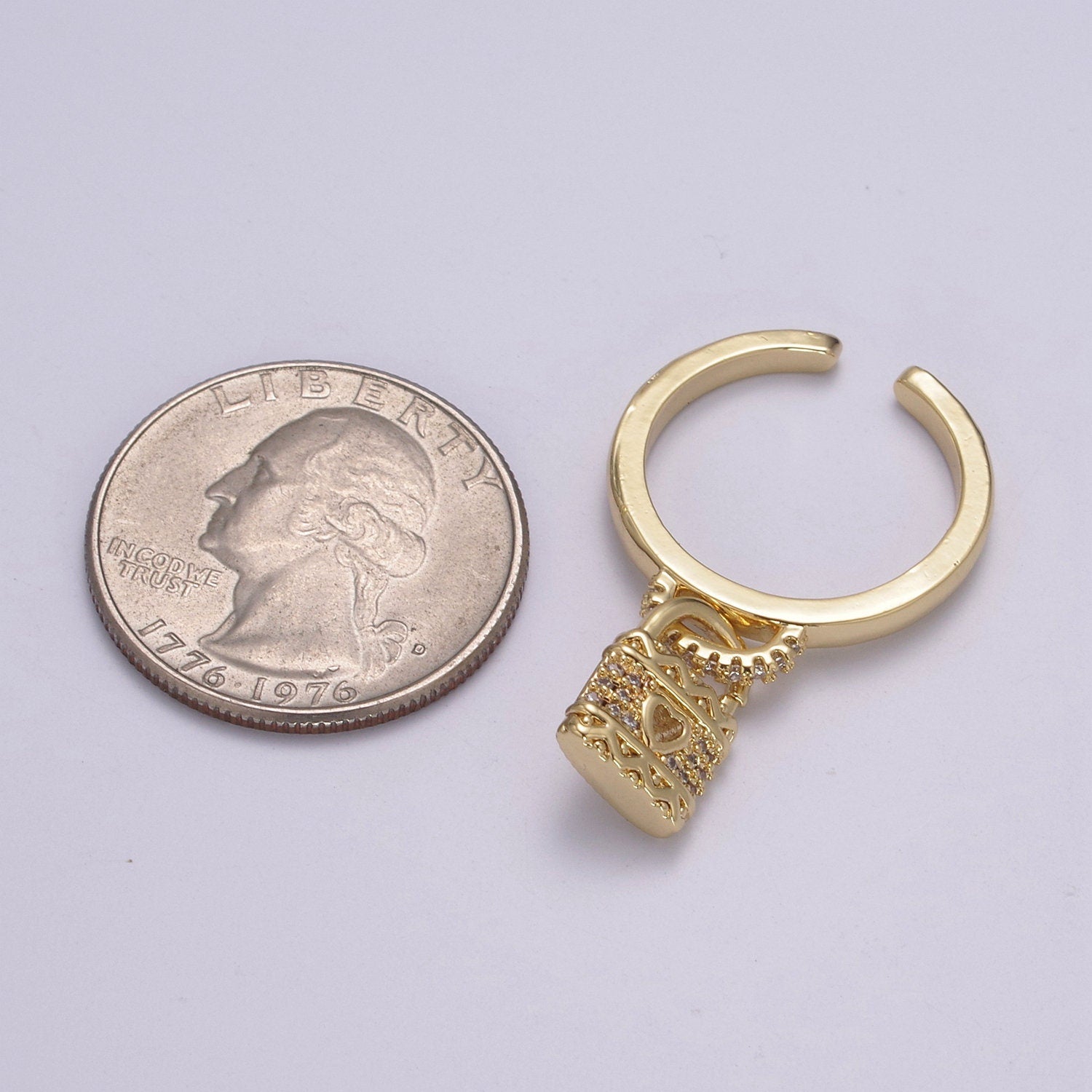 Dainty Cz Gold Padlock ring - Stackable Lock Ring - CZ Ring Charm- Dangle Lock Ring - Adjustable Open Ring