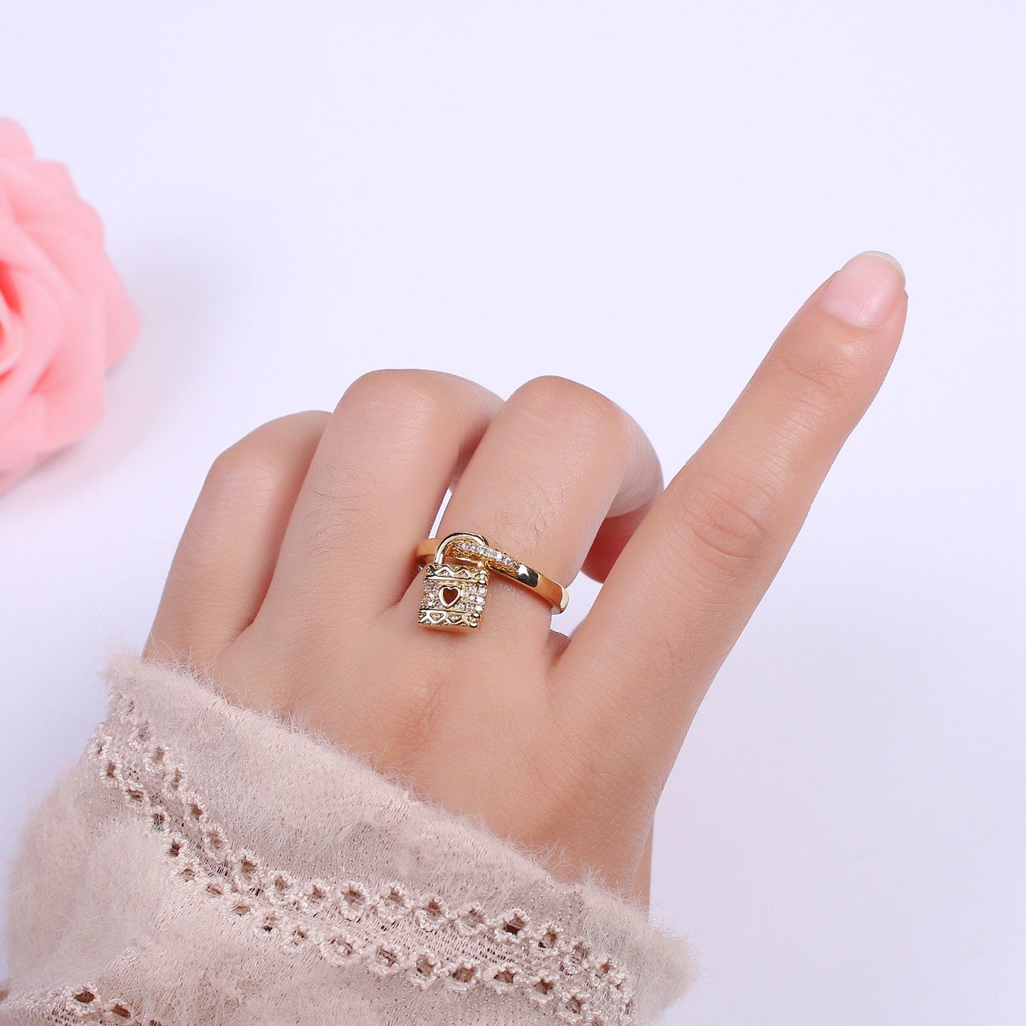 Dainty Cz Gold Padlock ring - Stackable Lock Ring - CZ Ring Charm- Dangle Lock Ring - Adjustable Open Ring