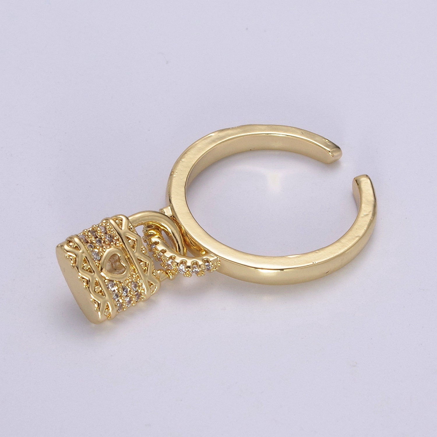 Dainty Cz Gold Padlock ring - Stackable Lock Ring - CZ Ring Charm- Dangle Lock Ring - Adjustable Open Ring